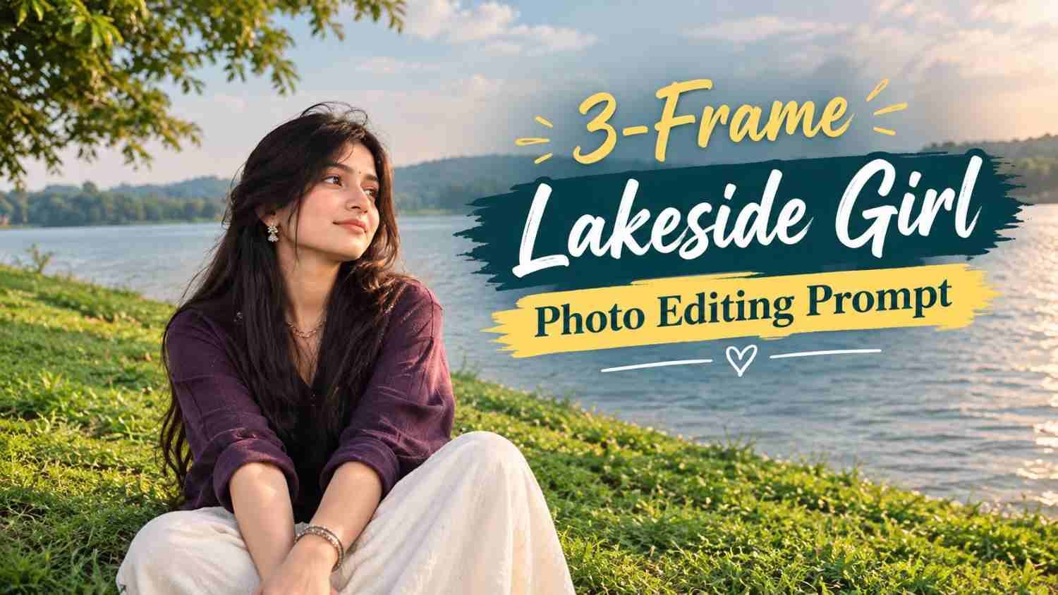 3-frame lakeside girl photo editing prompt with dark purple shirt and cream pants