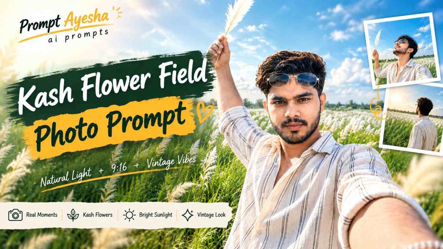Realistic Kash flower field photo with natural sunlight and blue sky
