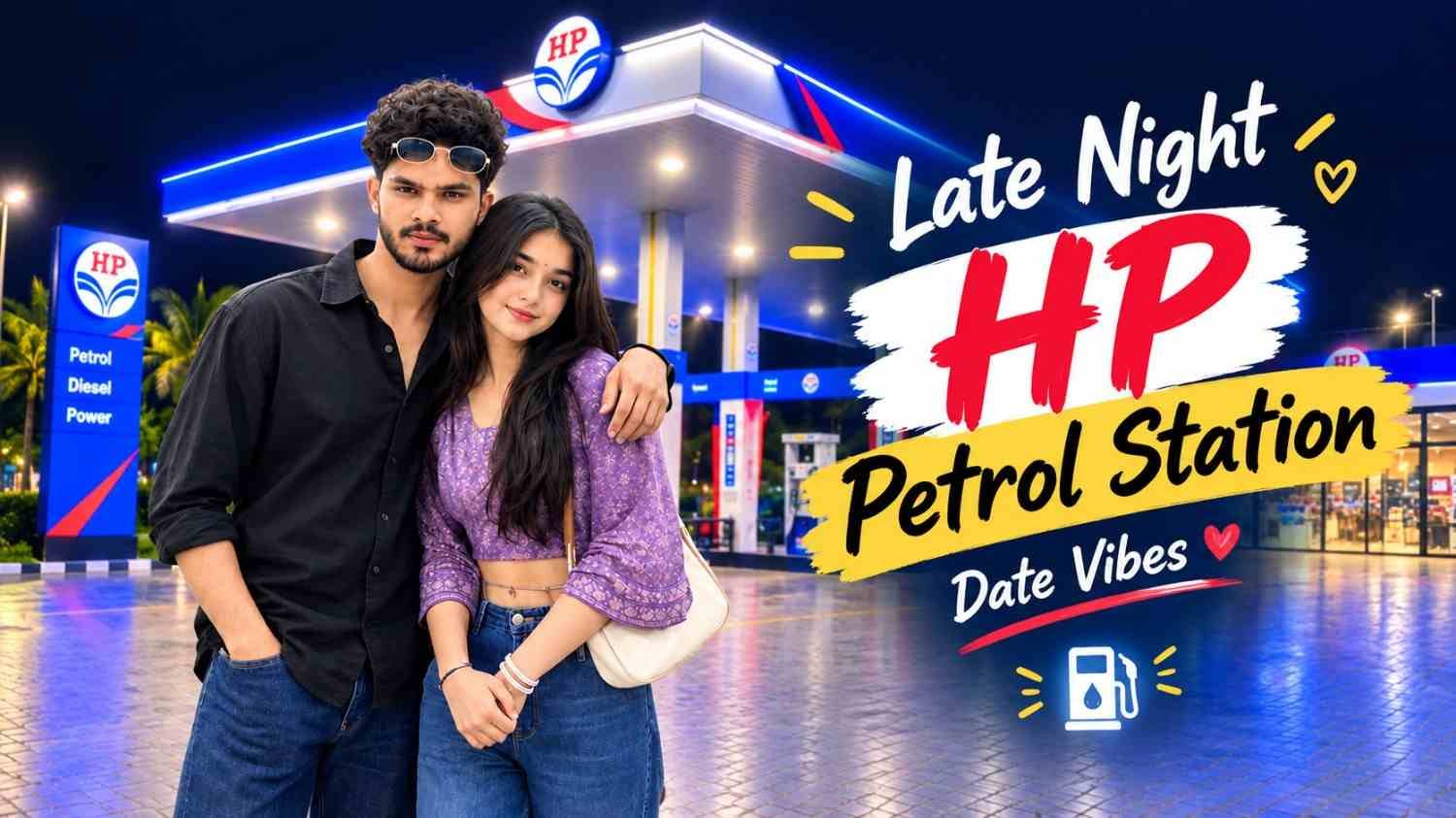 Ultra realistic couple photo at a modern HP petrol station at night