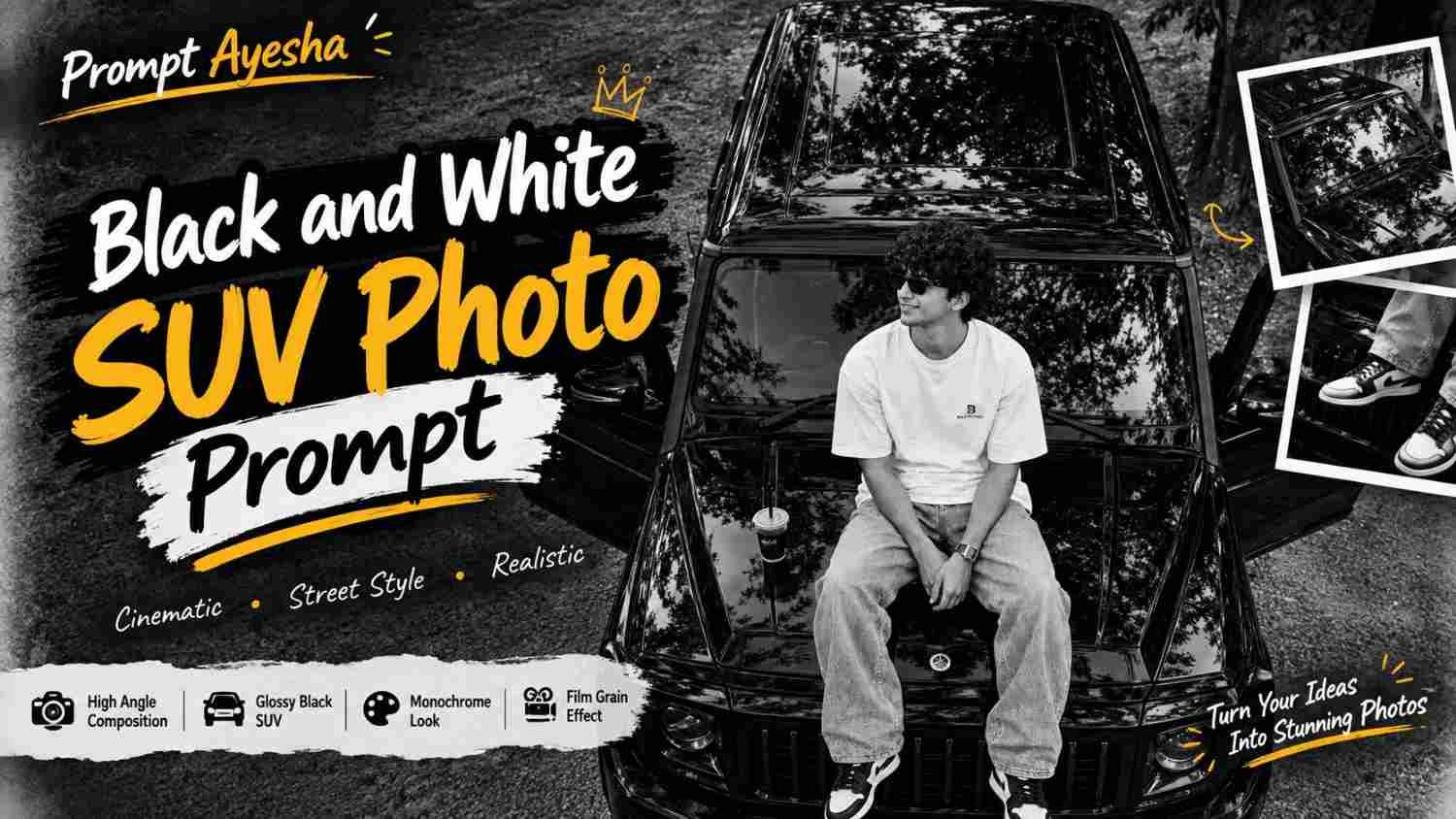 Ultra-realistic black and white photo of a man sitting on a black SUV