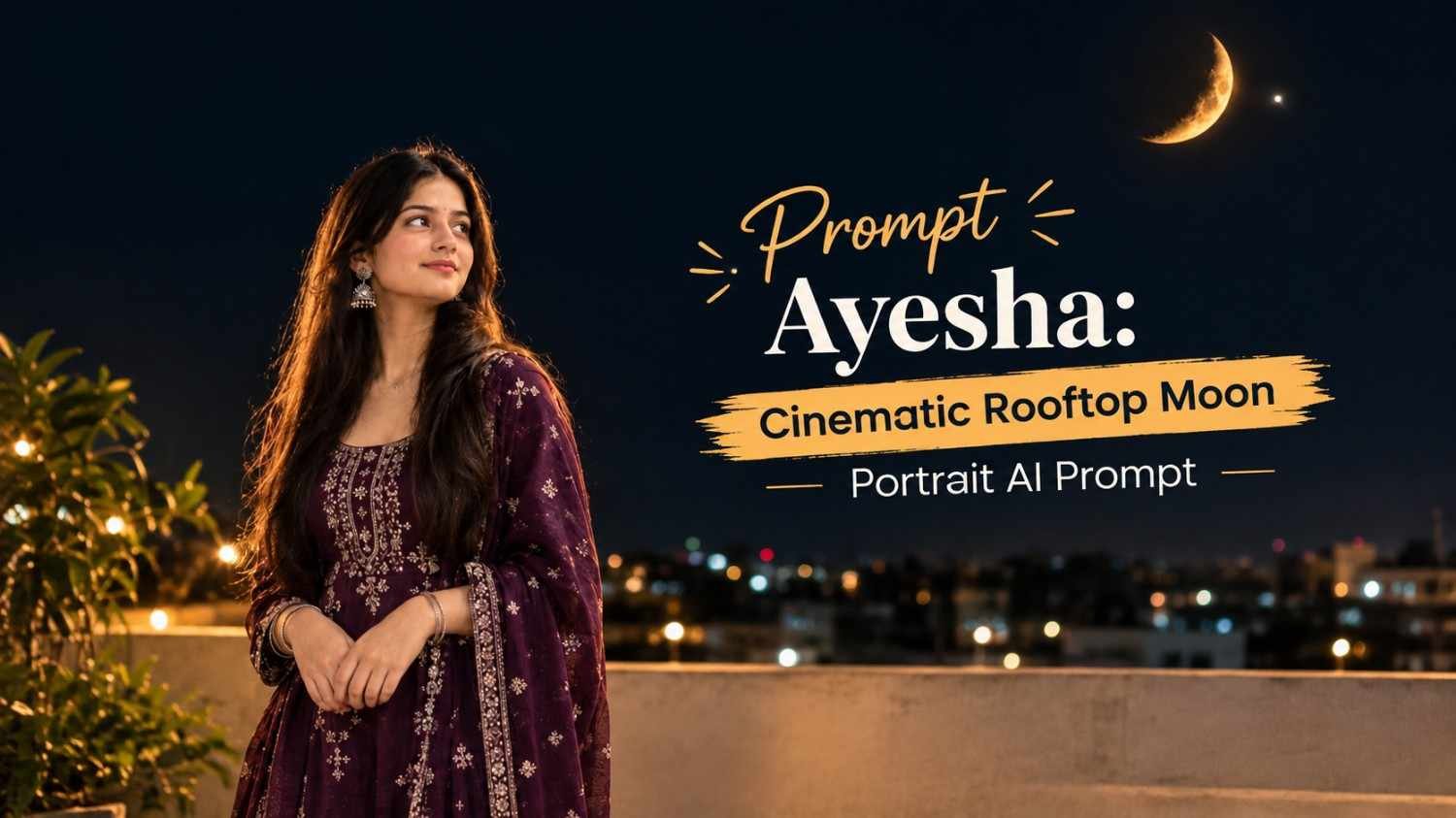 Cinematic rooftop moon portrait AI prompt