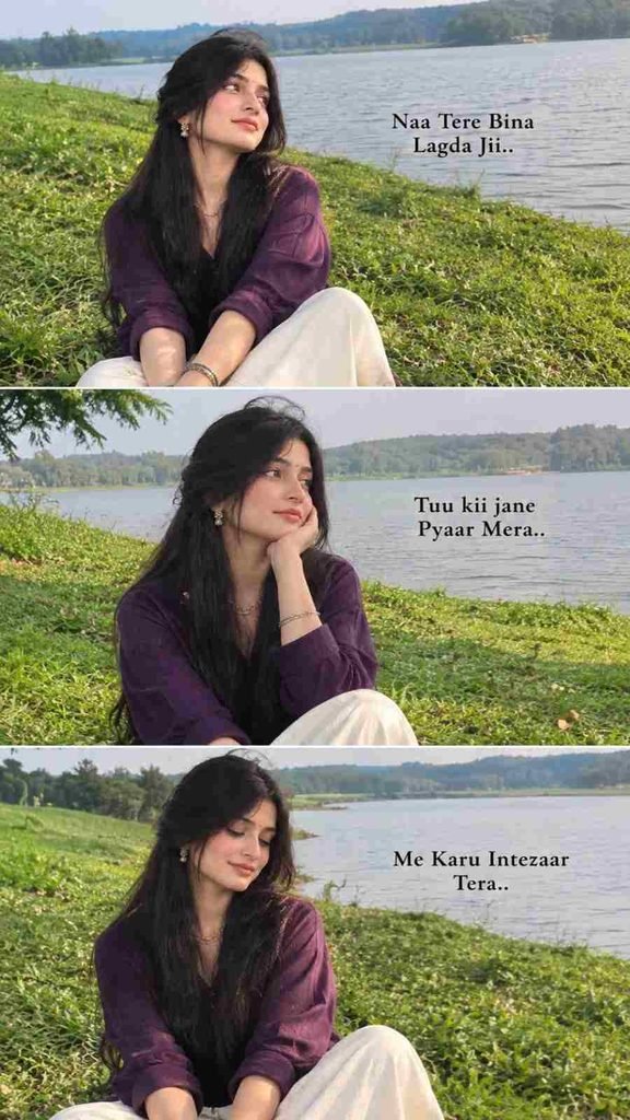 Girl sitting on green grass beside a calm lakeside in a three-frame collage