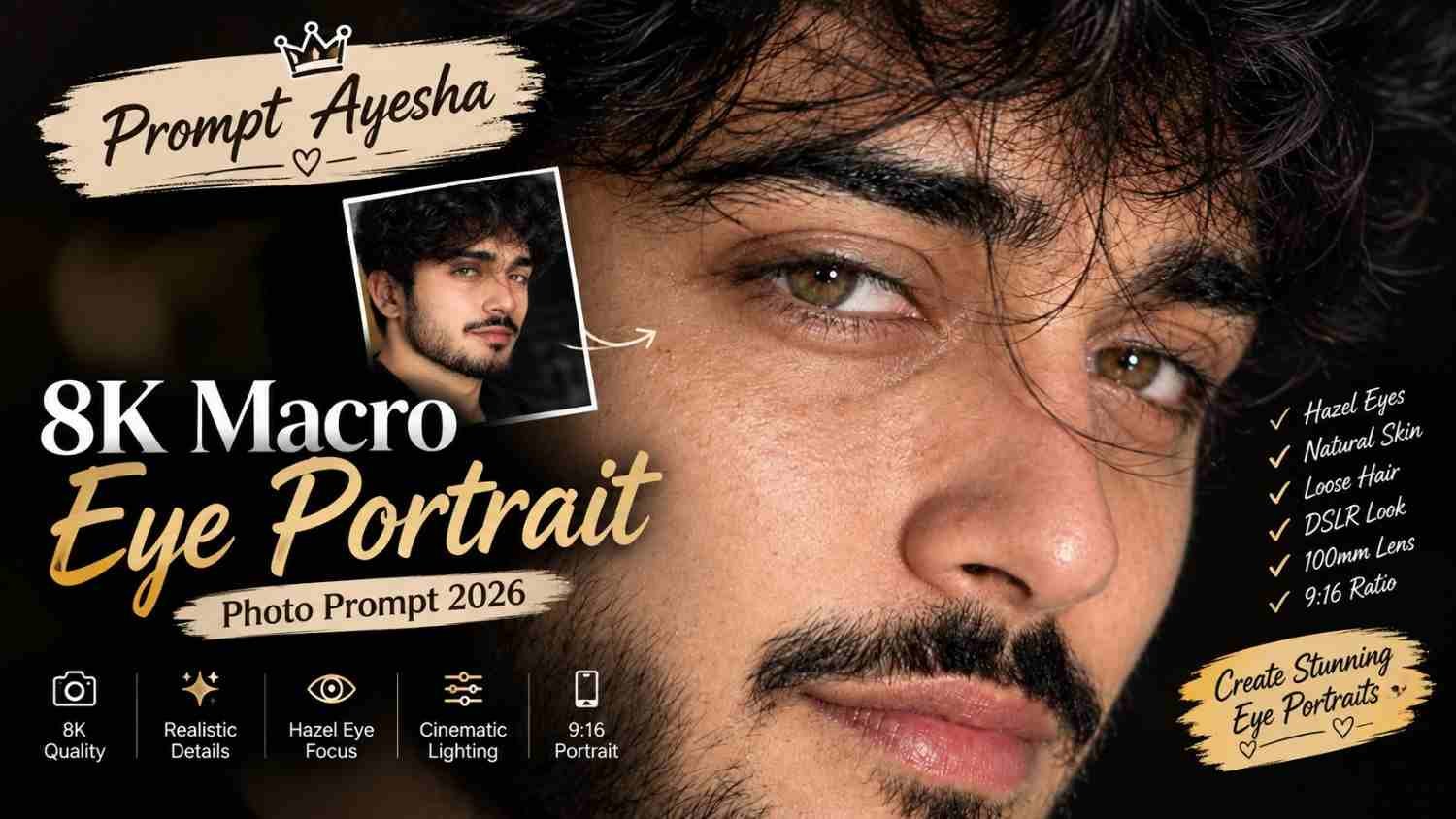 Prompt Ayesha 8K macro eye portrait with hazel brown eyes and realistic skin texture
