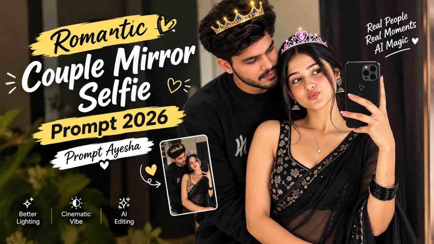 Prompt Ayesha romantic Indian couple mirror selfie in black saree and black sweatshirt