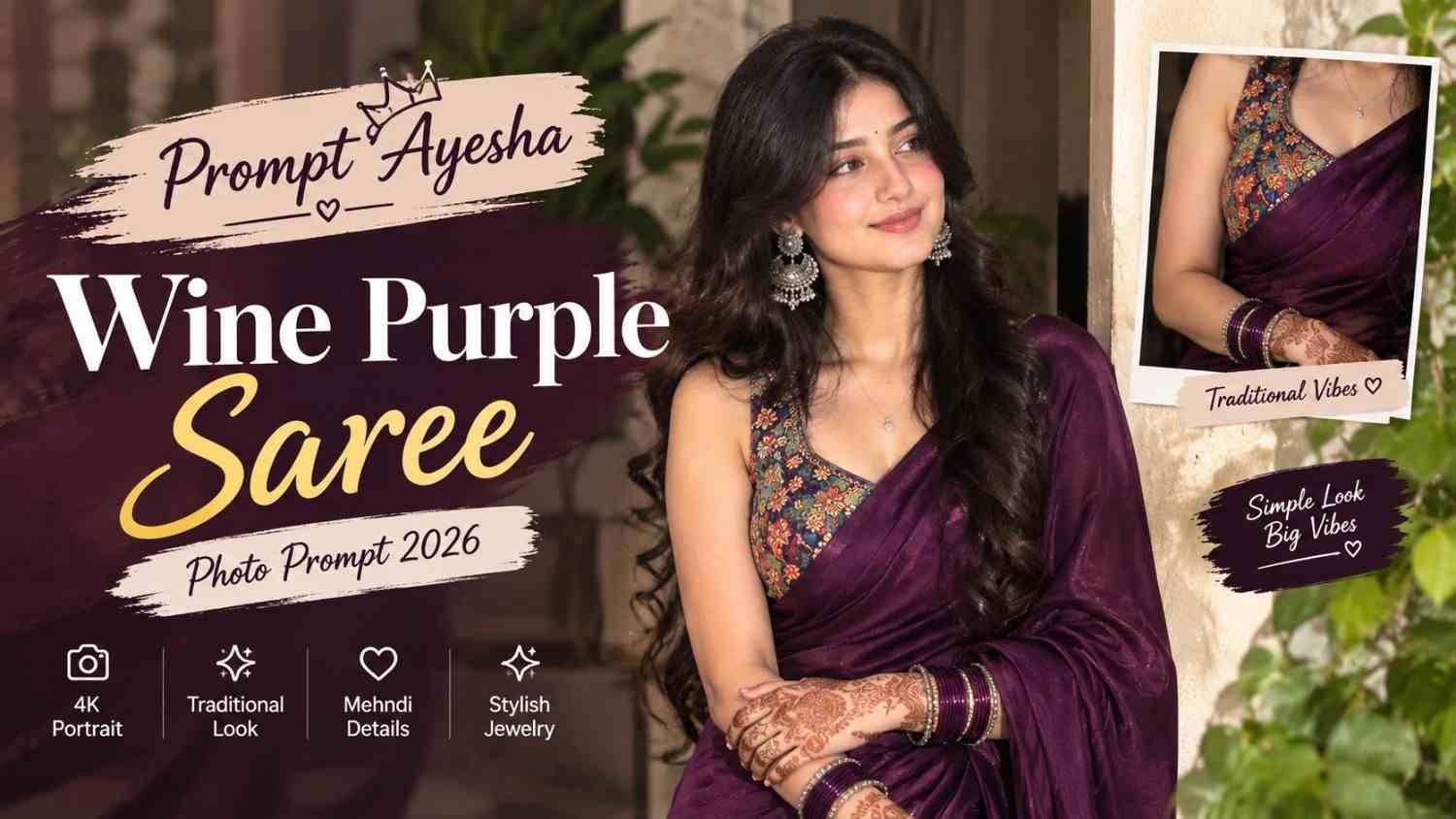 Prompt Ayesha wine purple saree photo prompt with traditional jewelry and mehndi