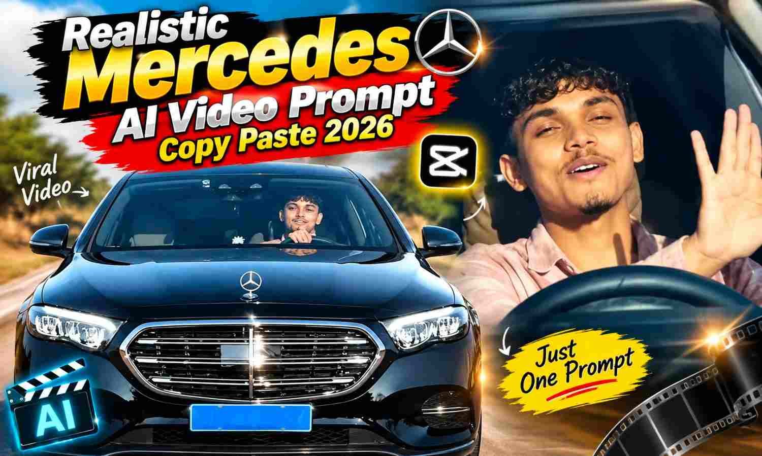 Realistic Mercedes AI video prompt featuring a man inside a black luxury car