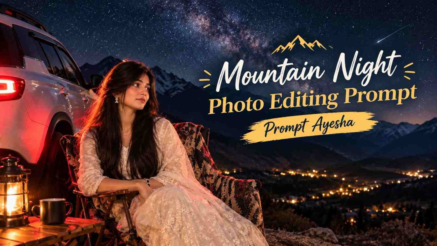 Ultra-realistic nighttime mountain photo editing prompt with woman, white SUV and Milky Way