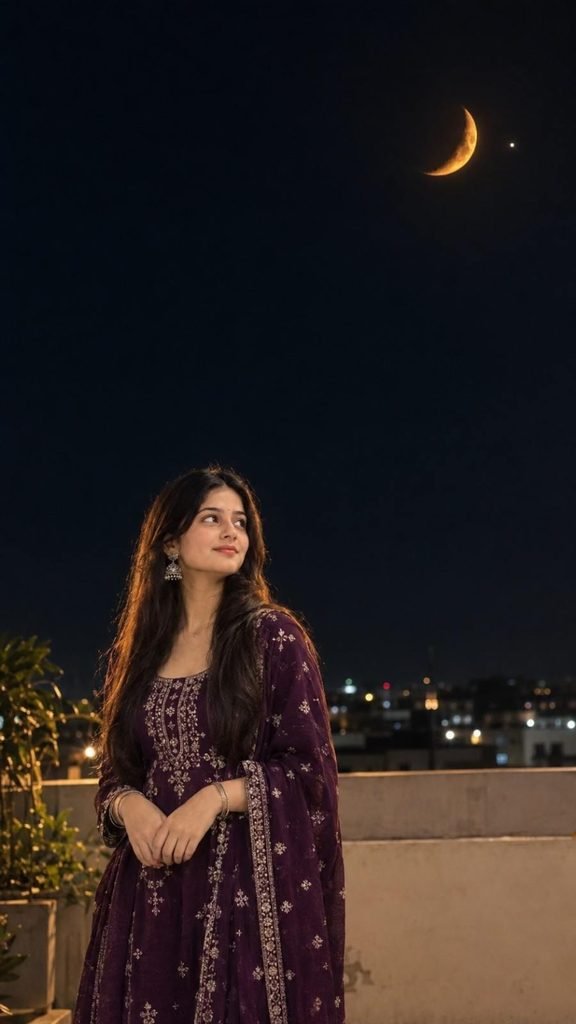 Cinematic rooftop moon portrait AI image prompt