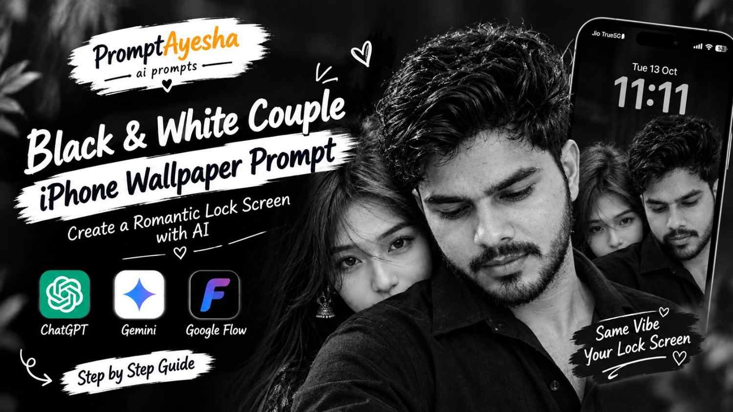 - Black and white couple iPhone wallpaper with a romantic portrait and 11:11 lock screen