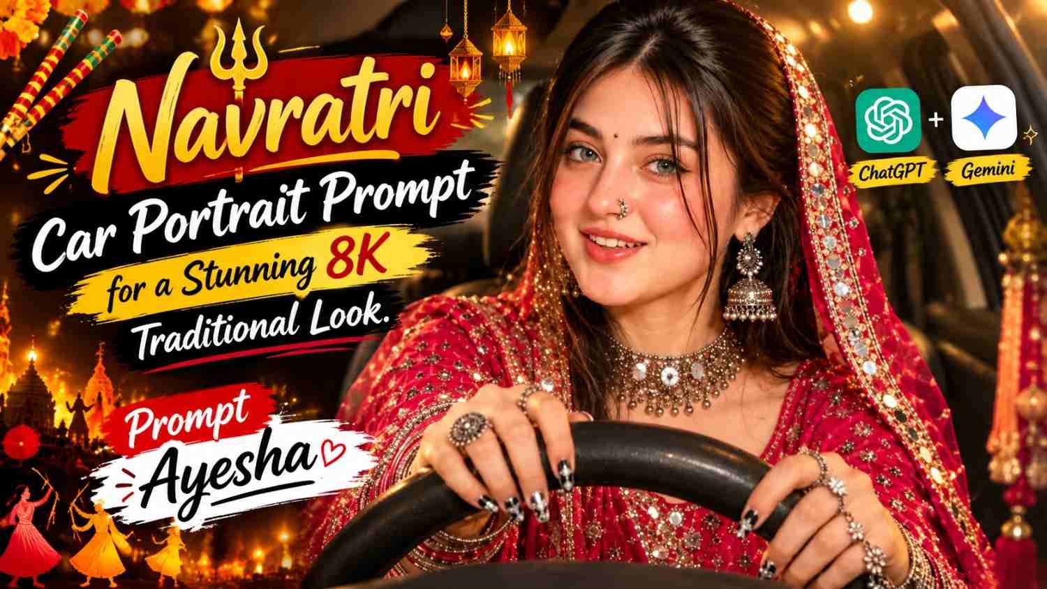 Navratri car portrait with pink-red traditional outfit and silver jewellery