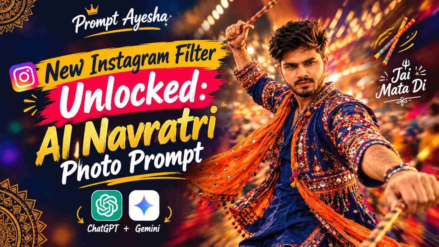 Cinematic Navratri portrait in a blue embroidered outfit with an orange dupatta and colorful background motion blur.