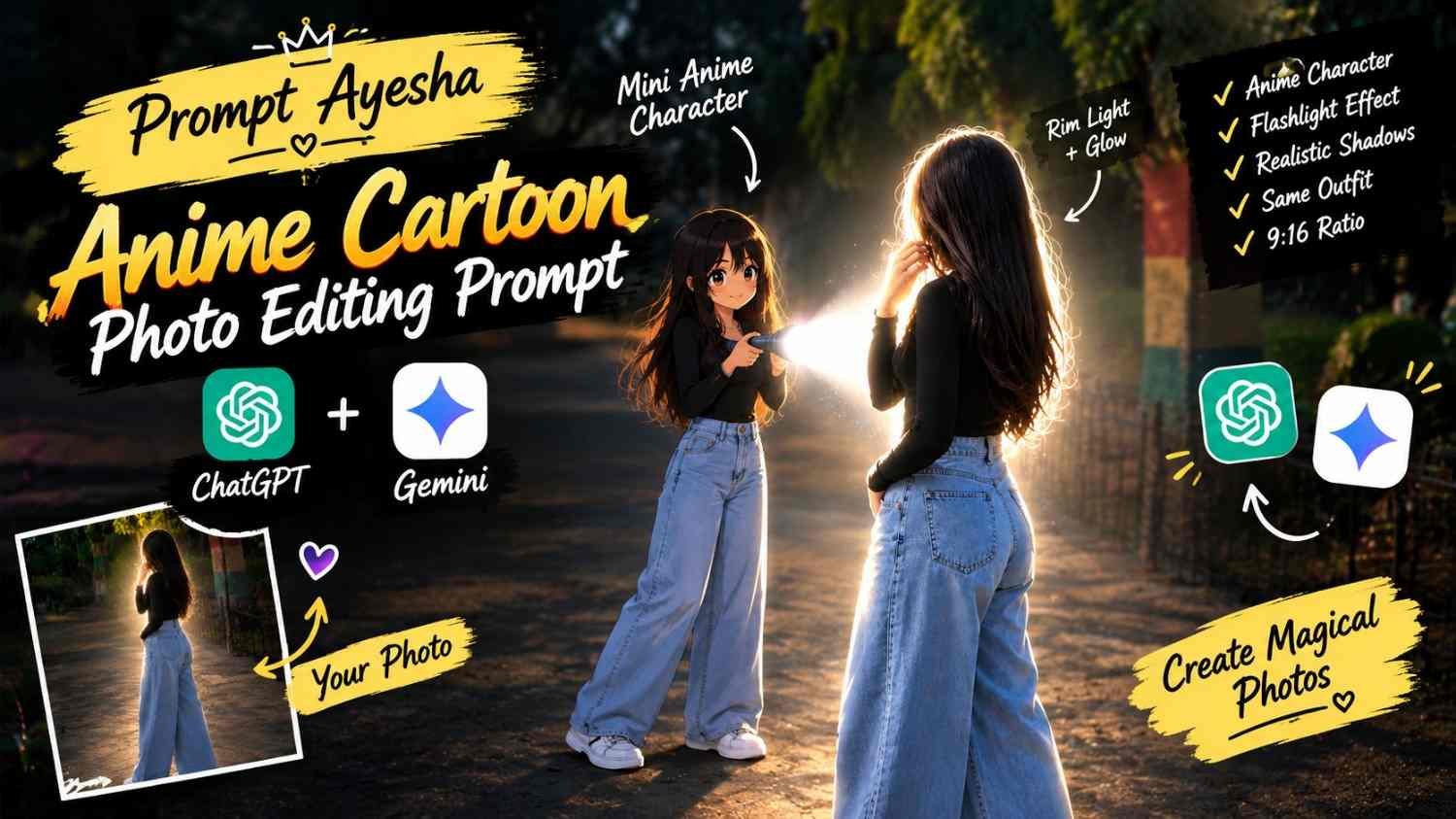 Prompt Ayesha anime cartoon photo editing prompt with mini character and flashlight effect