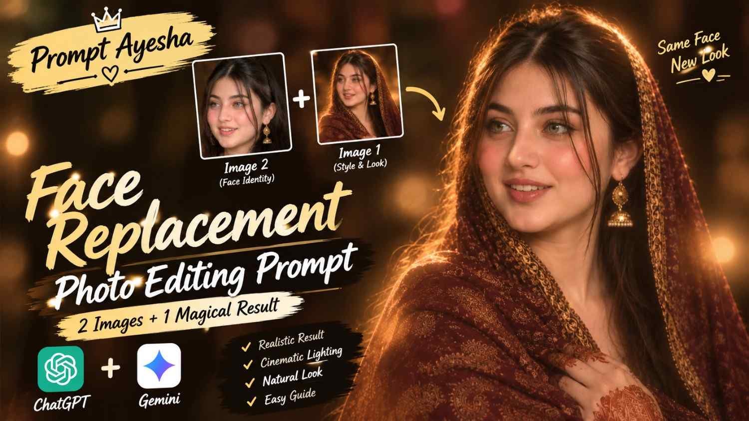 Prompt Ayesha face replacement photo editing prompt with cinematic portrait style