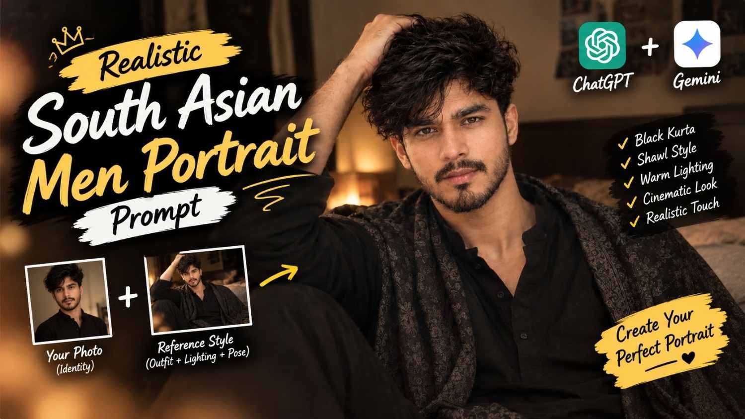 Realistic South Asian man wearing black kurta and patterned shawl in warm indoor lighting
