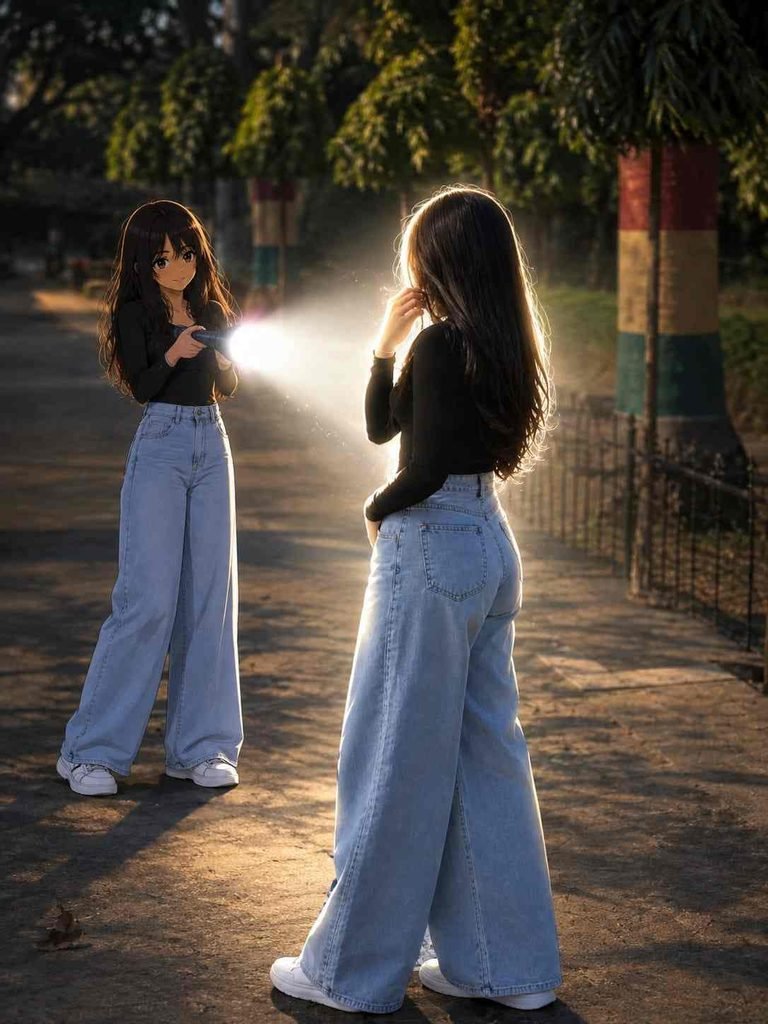 Realistic outdoor photo with a small anime character shining a flashlight on the main subject