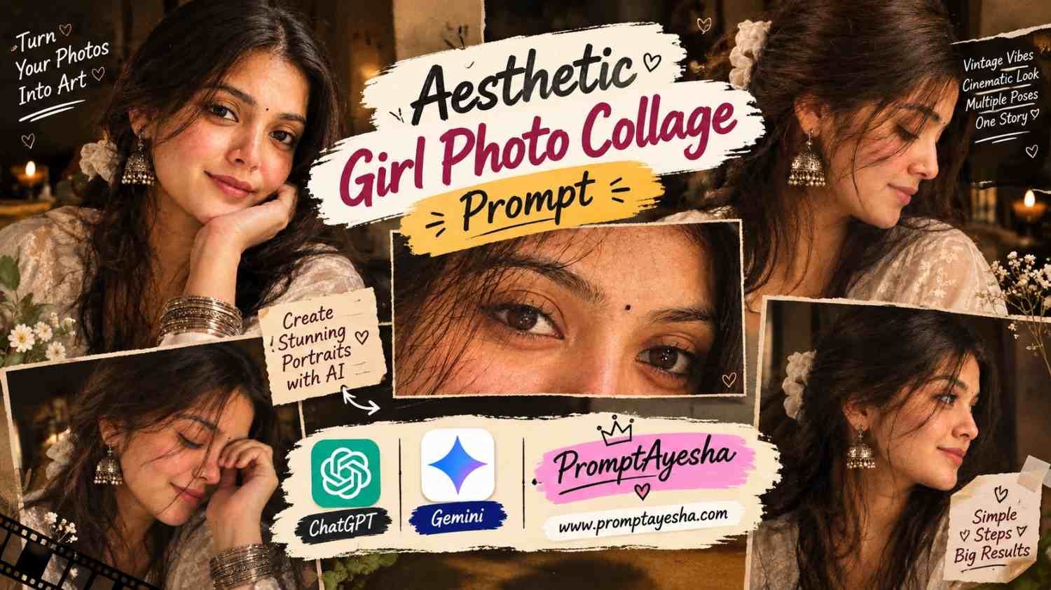 Aesthetic South Asian girl photo collage with white embroidered outfit and silver jewellery