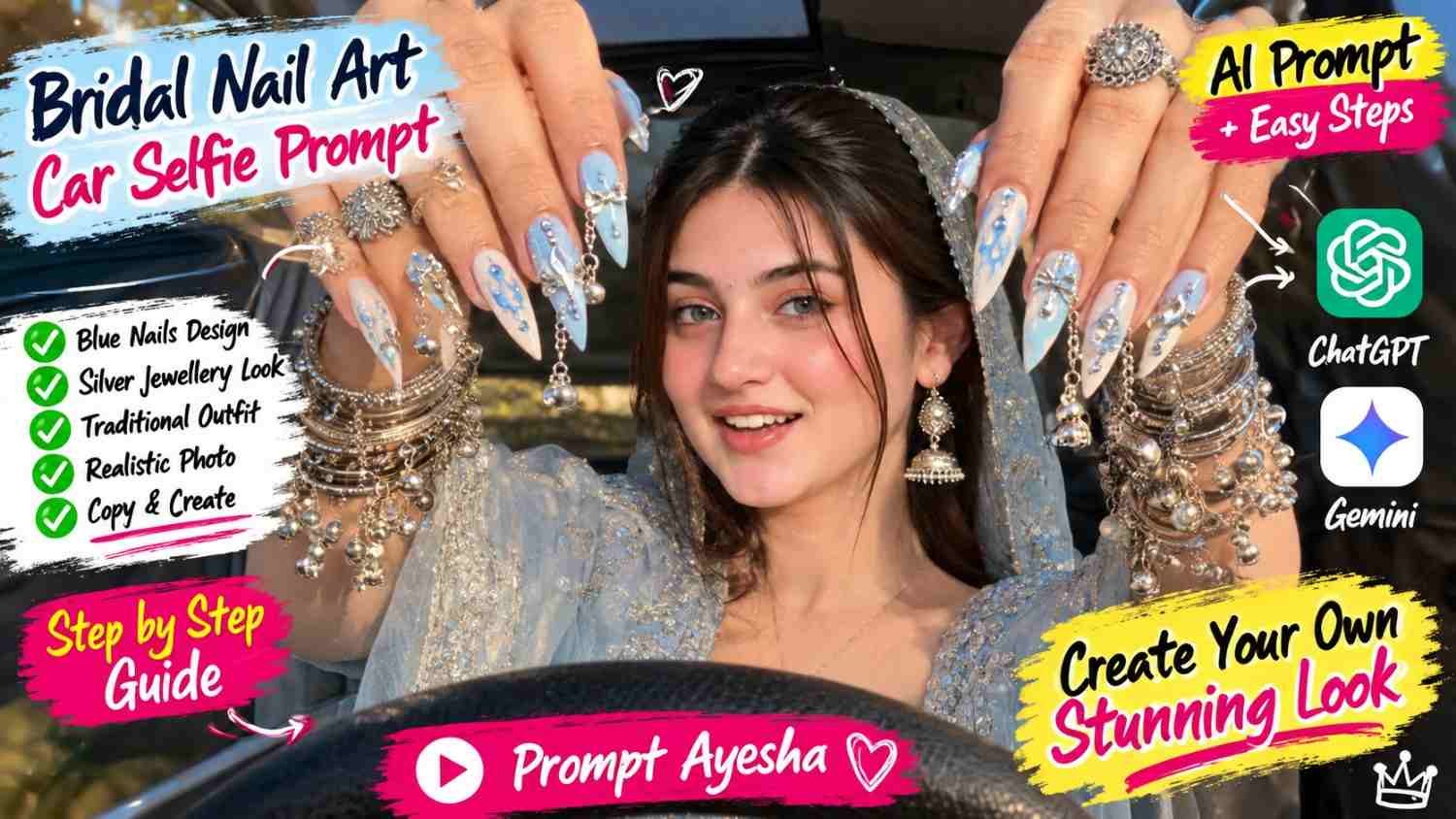 Baby-blue bridal nail art car selfie with silver jewellery