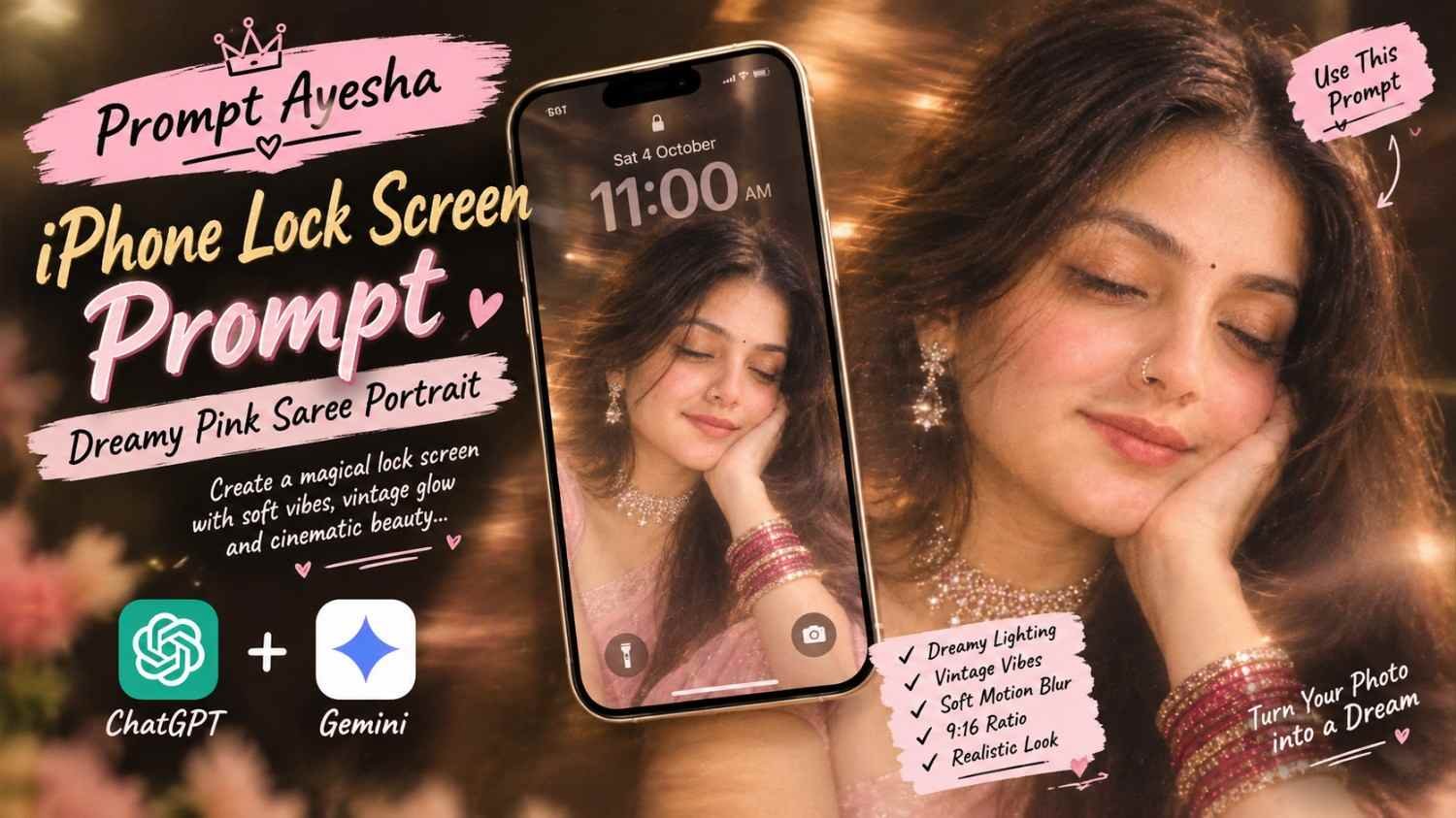 iPhone lock screen prompt for dreamy pink saree portrait
